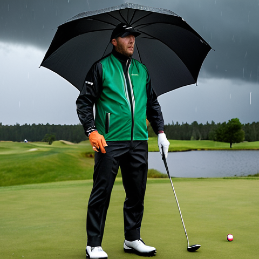 **

A golfer battling the elements on a Swedish golf course during a rainstorm. He's wearing high-quality rain gear from Galvin Green or Abacus, including a rain jacket and hat. The focus is on the determination on his face and the technology of his clothing protecting him from the weather. In the background, dark clouds and a wet green.

**
