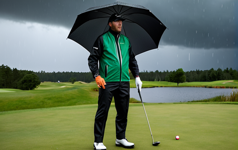 **

A golfer battling the elements on a Swedish golf course during a rainstorm. He's wearing high-quality rain gear from Galvin Green or Abacus, including a rain jacket and hat. The focus is on the determination on his face and the technology of his clothing protecting him from the weather. In the background, dark clouds and a wet green.

**